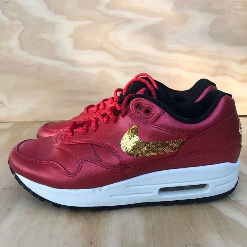 Nike Air Max 1 Red Gold Sequin Women’s Size 6.5